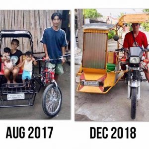 With his pedicab earnings, John buys himself a motorcycle With his pedicab earnings, John buys himself a motorcycle